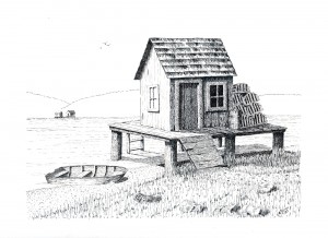 shanty and boat at water's edge