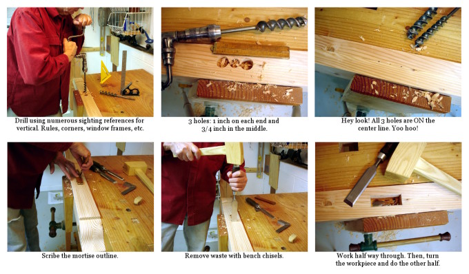 a photo collage of drilling and chopping mortises.