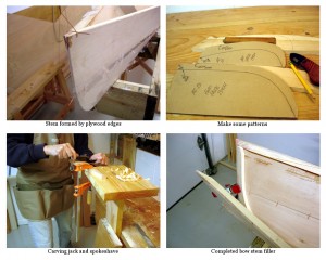 a photo collage shows a bare stem, some cardboard patterns, shaping the parts with a spokeshave, and one of the fillers in place