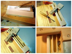 photo collage of making the pencil grooves