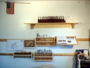 photo of the completed shelf along with other parts of the tool wall