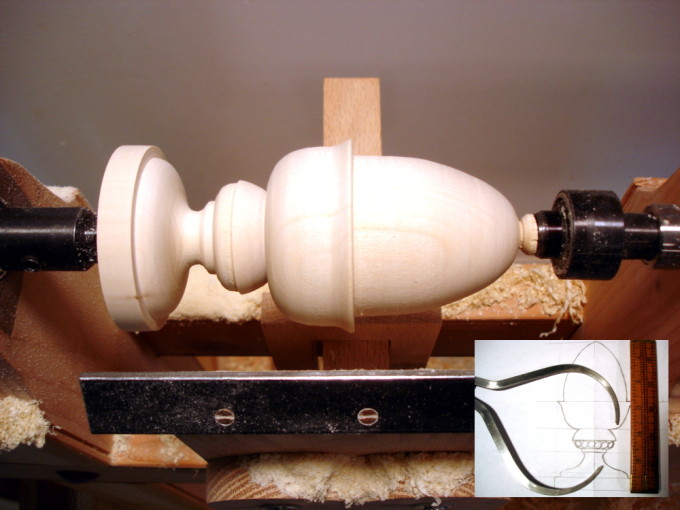 photo of the finial on the lathe