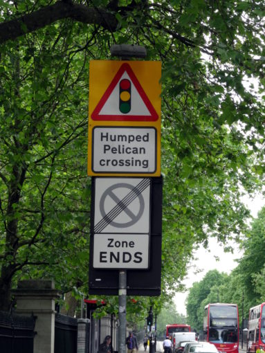 photo of a traffic sign in London: "Humped Pelican Crossing"